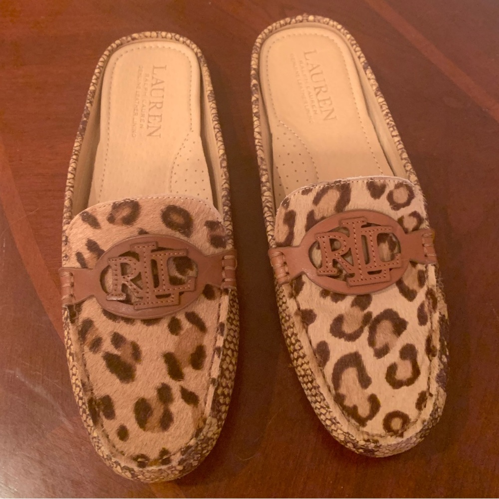 NWOT Ralph Lauren Calf Hair and Leather  Brown and Tan Brynn Mule